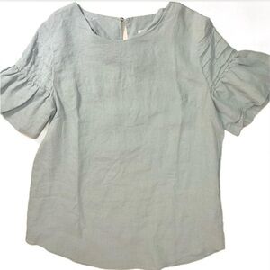 Ruffled structured chambray shirt with eyelet closure. Medium.